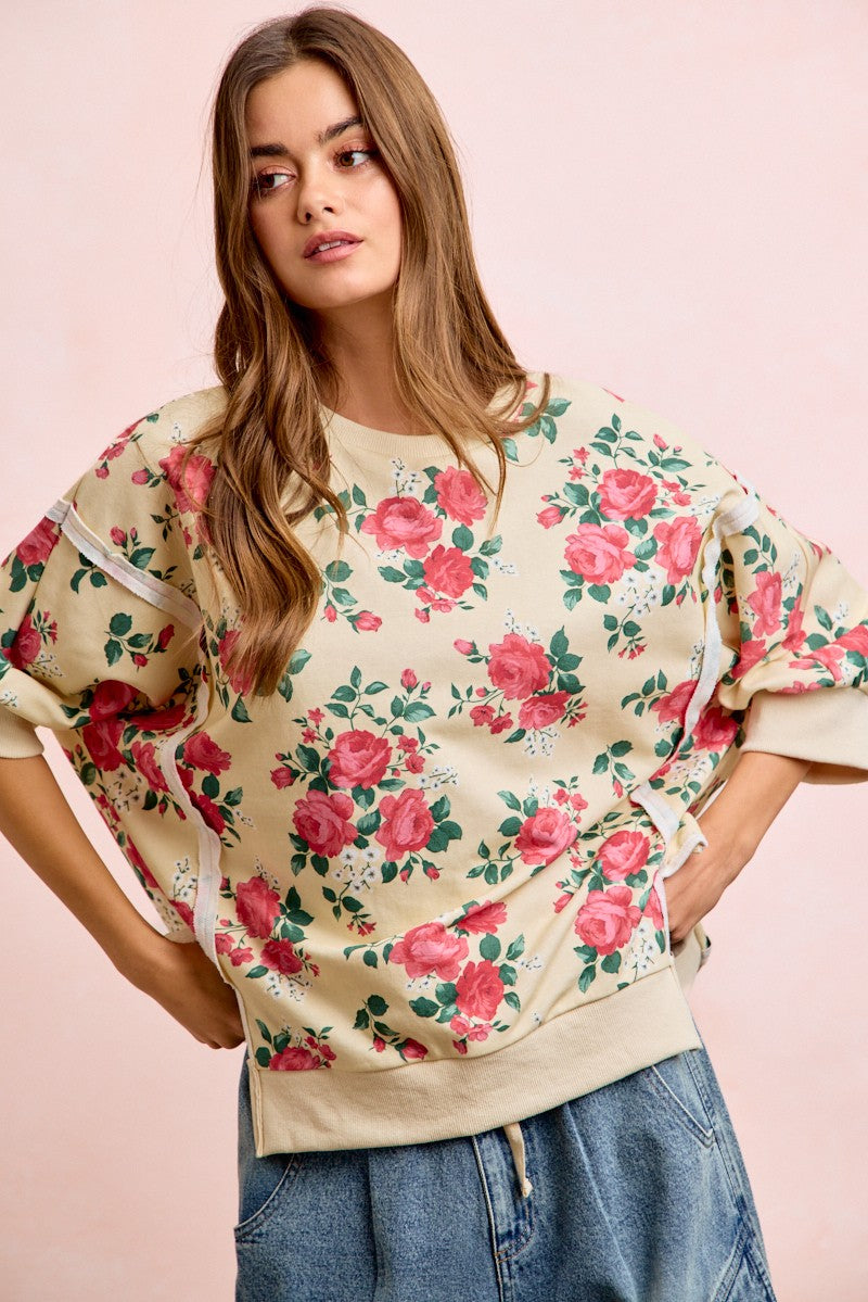 BiBi Rose Printed Terry Knit Relaxed Top in Cream ON ORDER