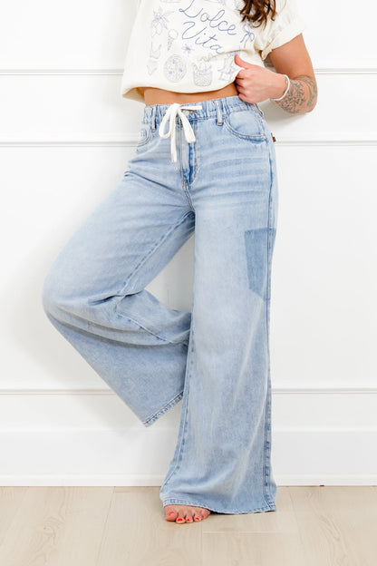 Judy Blue High Rise Light Wash Elastic Waistband Featherweight Palazzo Jeans with Shadow Pockets