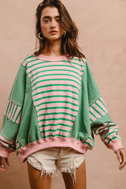 BiBi OVERSIZED Mixed Striped with Contrasting Color Panels Top in Blush/Emerald