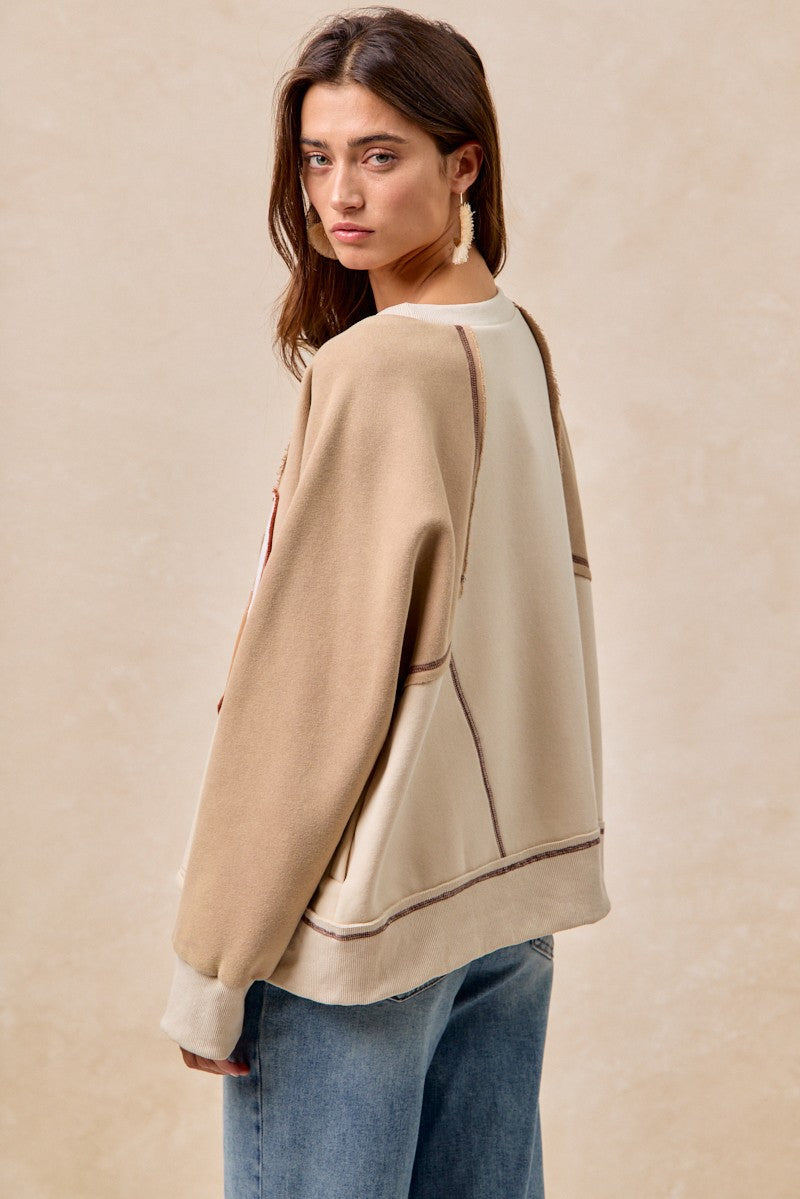 BiBi Color Block Fleece Top with Heart Football Patched Front in Oatmeal/Latte