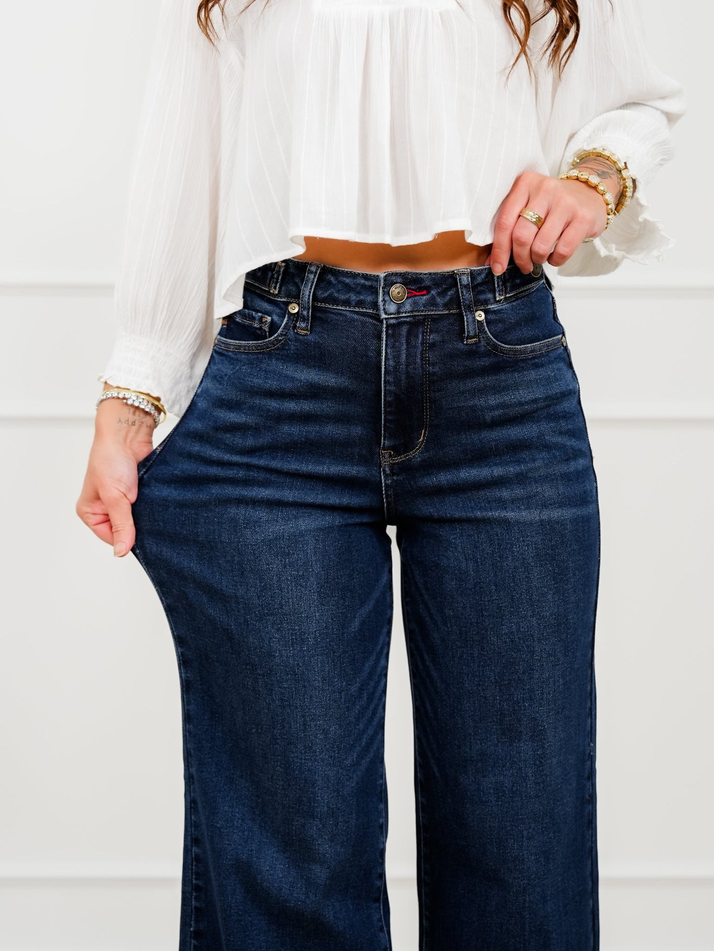 Judy Blue The Levi High Rise Dark Wash Petite/Reg Retro Wide Leg Jeans with Adjustable Waistband Tabs