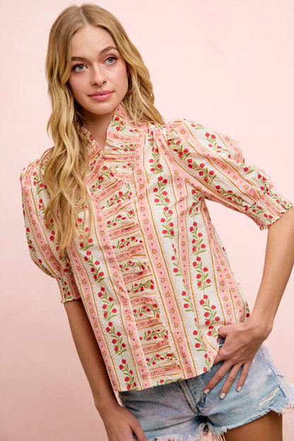 BiBi Floral Printed Ruffled Puff Sleeve Top in Red