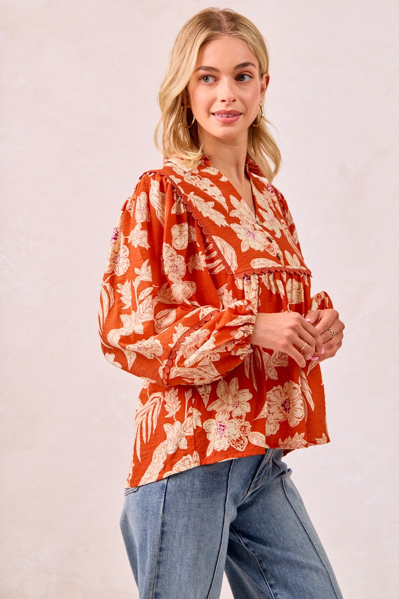BiBi Flower Print Woven Top with Scallop Trim Detail in Rust