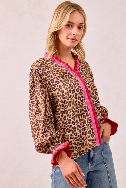 BiBi Long Sleeve Leopard Print Top with Contrasting Wavy Trim in Leopard