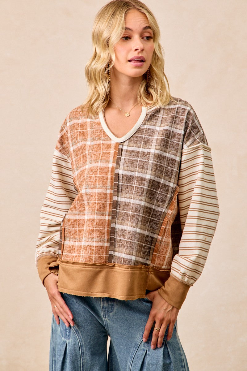 BiBi Plaid and Stripe Color Block Top in Rust/Dark Mocha