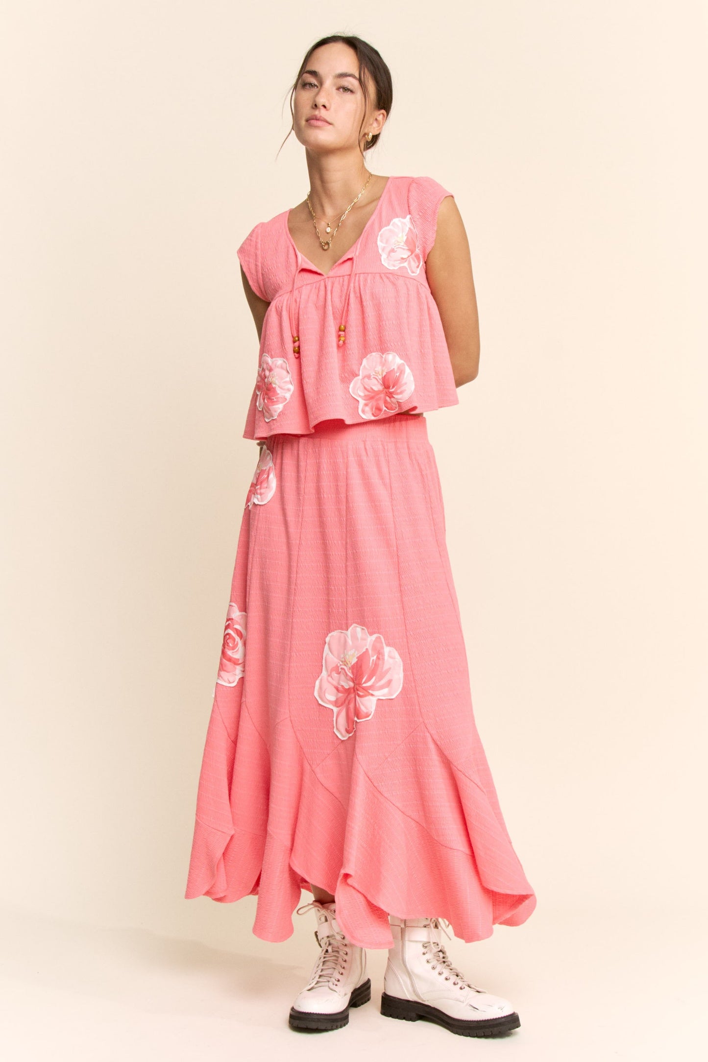Davi & Dani Crinkled Knit Top Elastic Waist Maxi Skirt Set in Pink