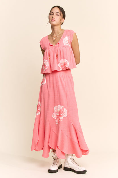Davi & Dani Crinkled Knit Top Elastic Waist Maxi Skirt Set in Pink