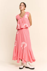 Davi & Dani Crinkled Knit Top Elastic Waist Maxi Skirt Set in Pink