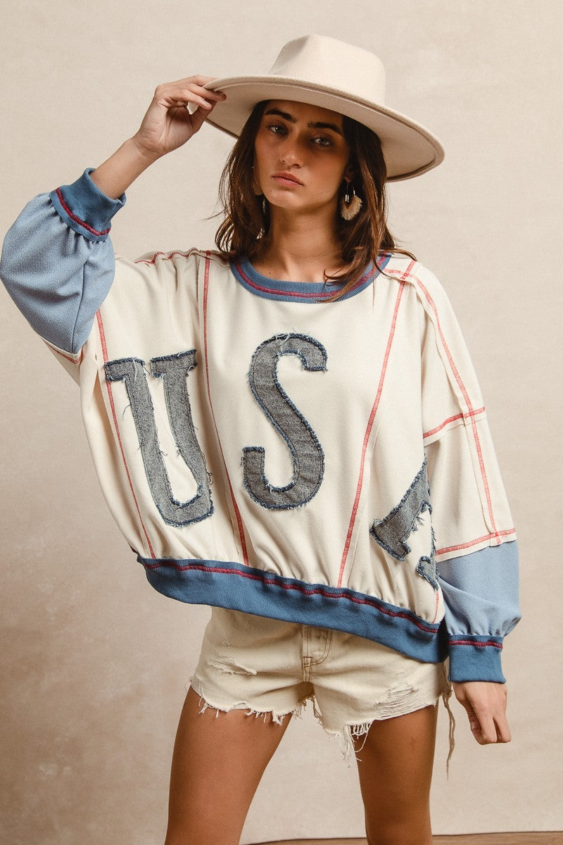 BiBi OVERSIZED Color Block Top with USA Denim Patches in Oatmeal/Denim