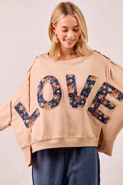 BiBi OVERSIZED French Terry Top with Floral "LOVE" Letter Patches in Oatmeal/Denim