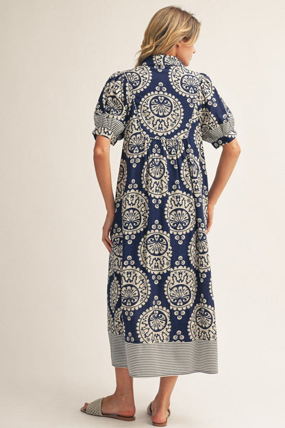 Jodifl Geometric Floral Print Midi Dress in Navy