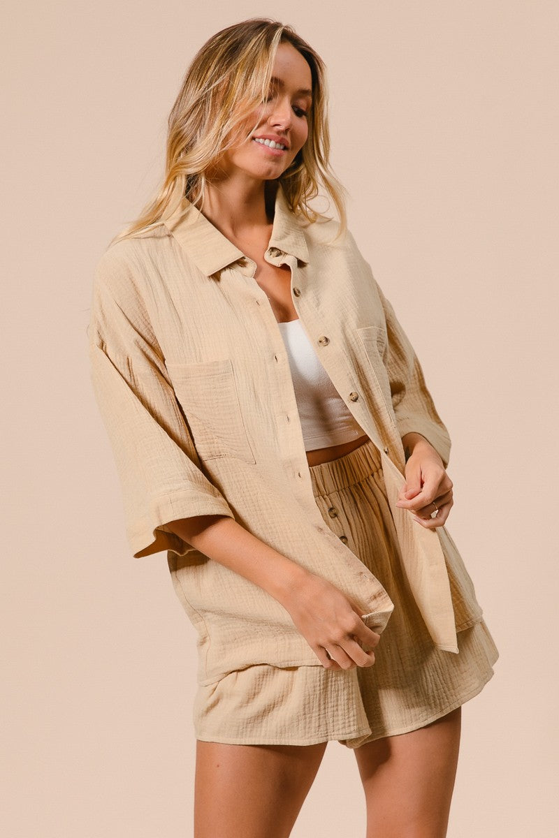 BiBi Crinkle Gauze Shirt And Short Set in Oatmeal