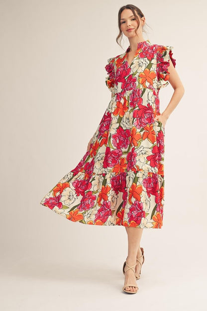 Jodifl Ruffle Sleeve Floral Midi Dress in Red ON ORDER