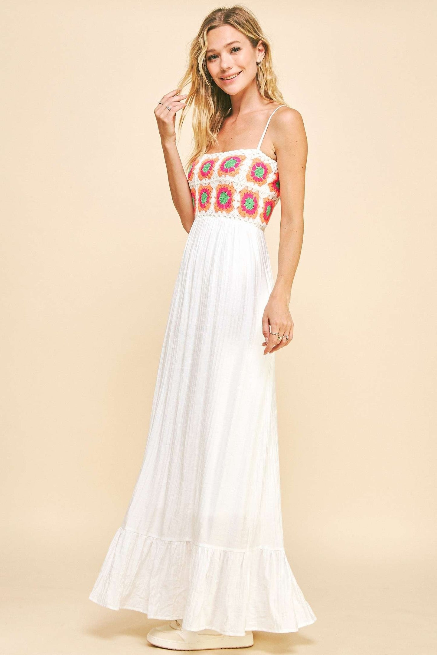 Davi & Dani Crochet Bodice Maxi Dress in White