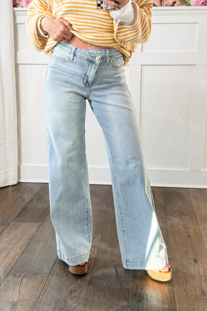 Judy Blue High Rise Light Wash Distressed Criss Cross Waistband Retro Wide Leg Jeans