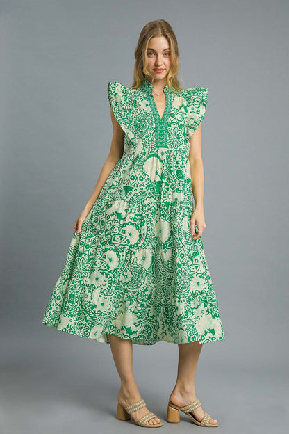 Umgee Floral Boho Print Midi Dress in Green