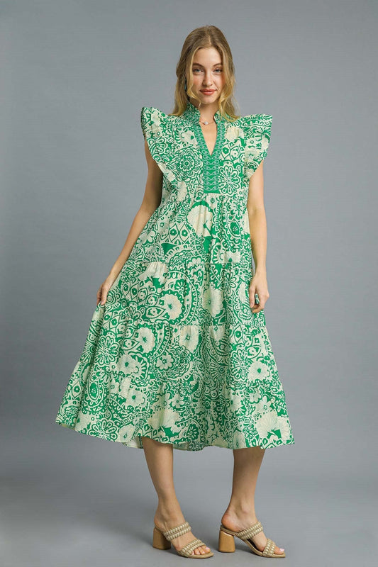 Umgee Floral Boho Print Midi Dress in Green