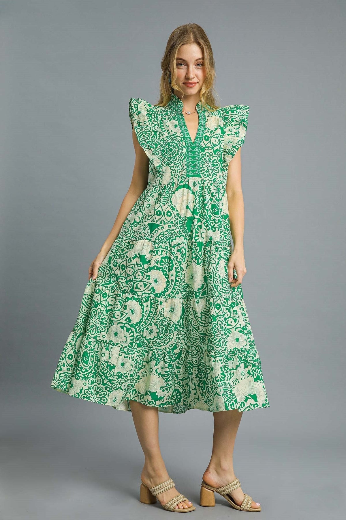 Umgee Floral Boho Print Midi Dress in Green