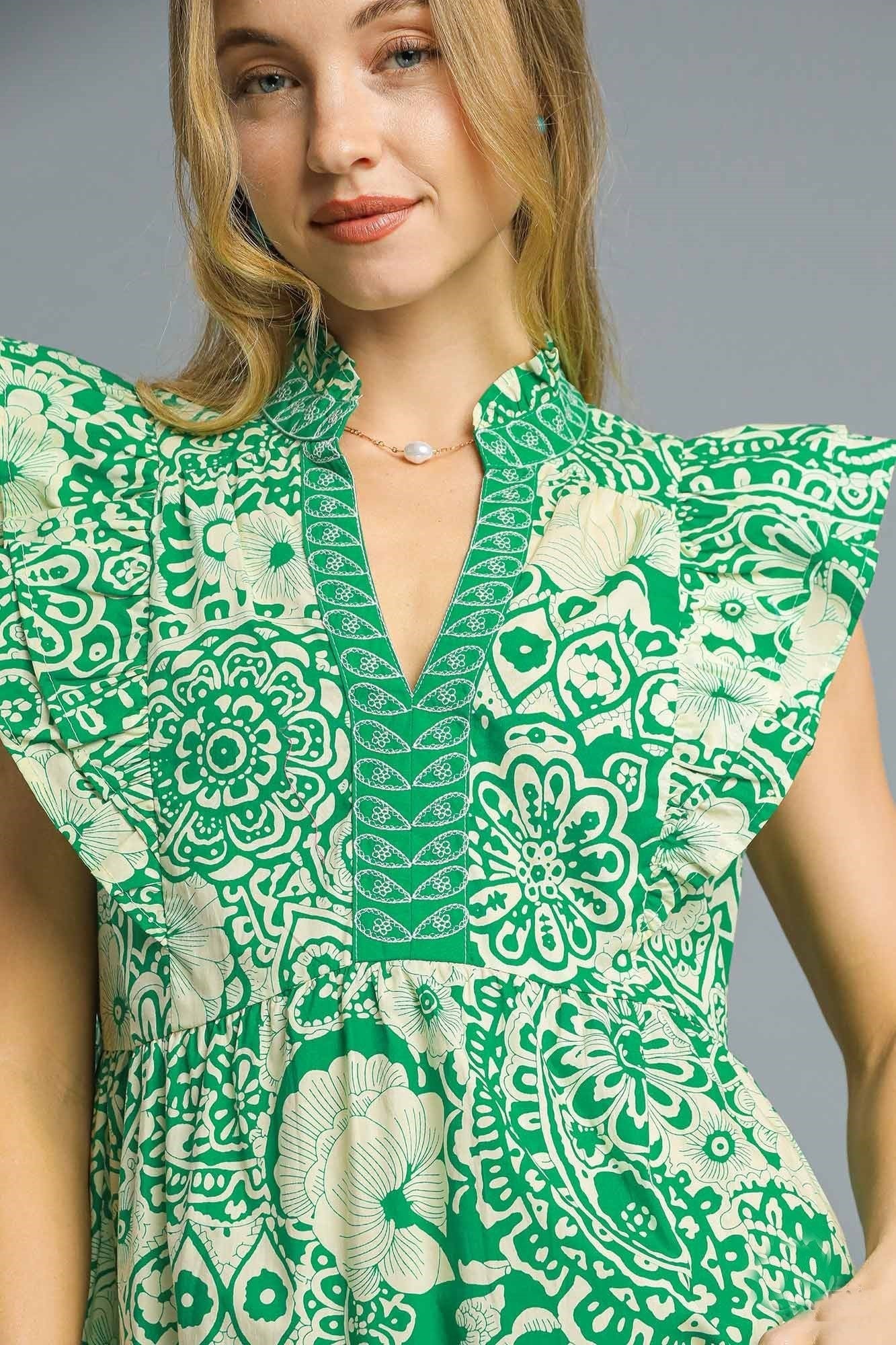 Umgee Floral Boho Print Midi Dress in Green