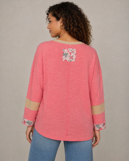 Easel Daisy Print Patch Washed Cotton Boxy Top in Candy Coral
