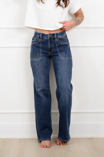 Judy Blue The Zoe Mid Rise Medium Wash 90's Straight Leg Jeans with Double Front Patch Pockets