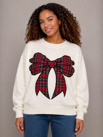 BiBi Knit Sweater with Christmas Plaid Bow Front in Ivory