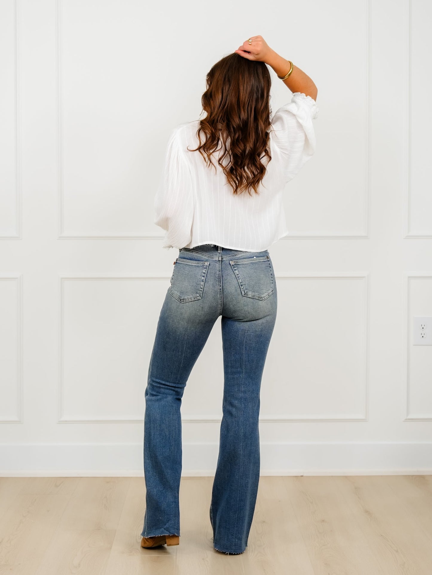 Judy Blue Mid Rise Medium Wash Flare Jeans with Front Flap Pockets