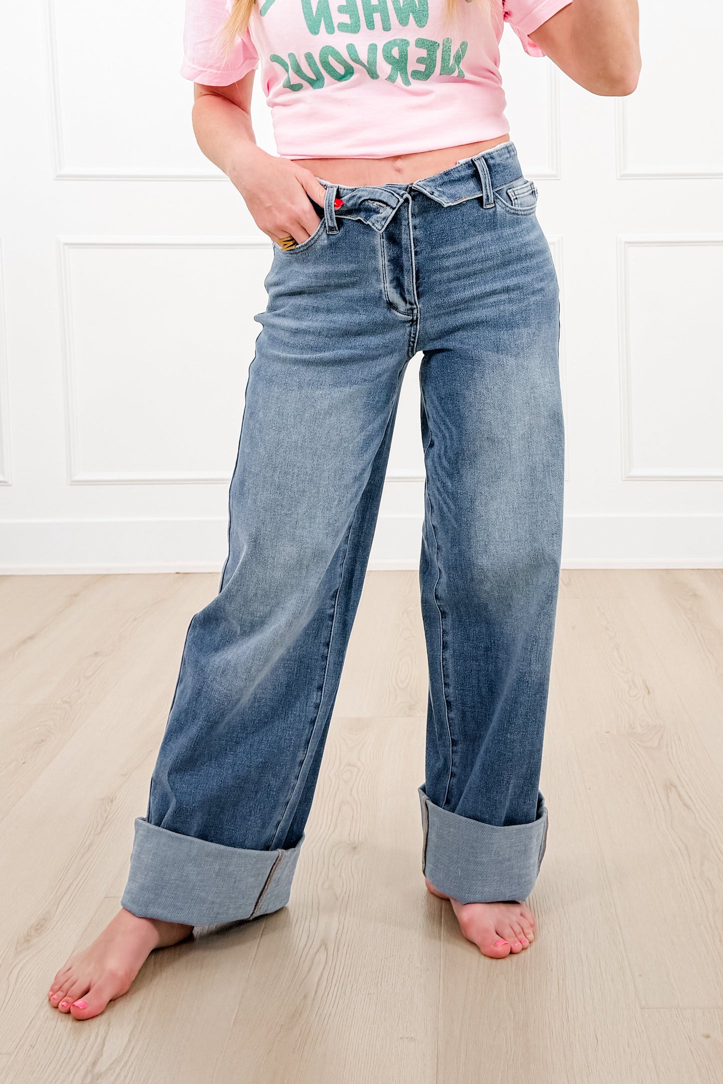 Judy Blue Catching Feelings Mid Rise Medium Wash Straight Leg Jeans with Folded Over Waistband
