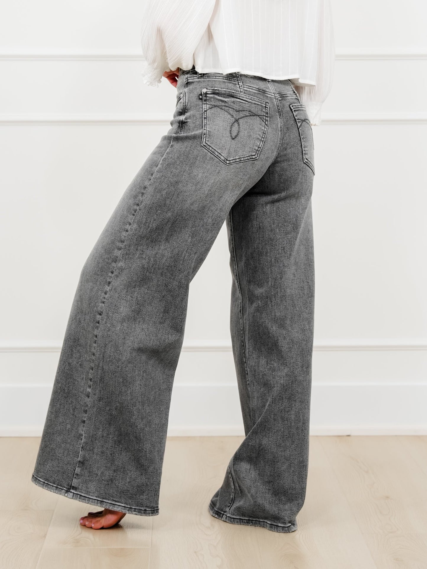 Judy Blue Stormy Days Mid Rise Gray Palazzo Jeans with Split Back Yokes