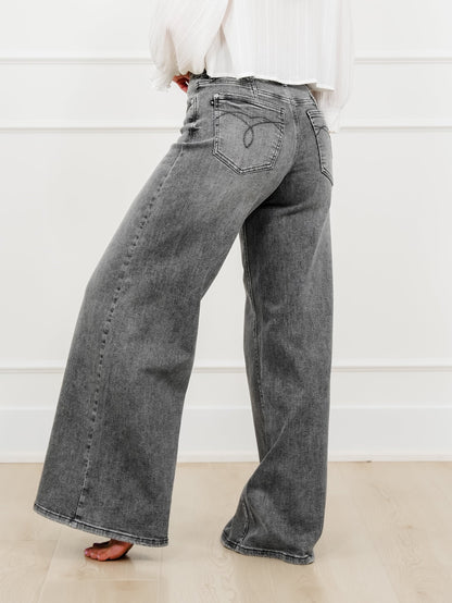 Judy Blue Stormy Days Mid Rise Gray Palazzo Jeans with Split Back Yokes