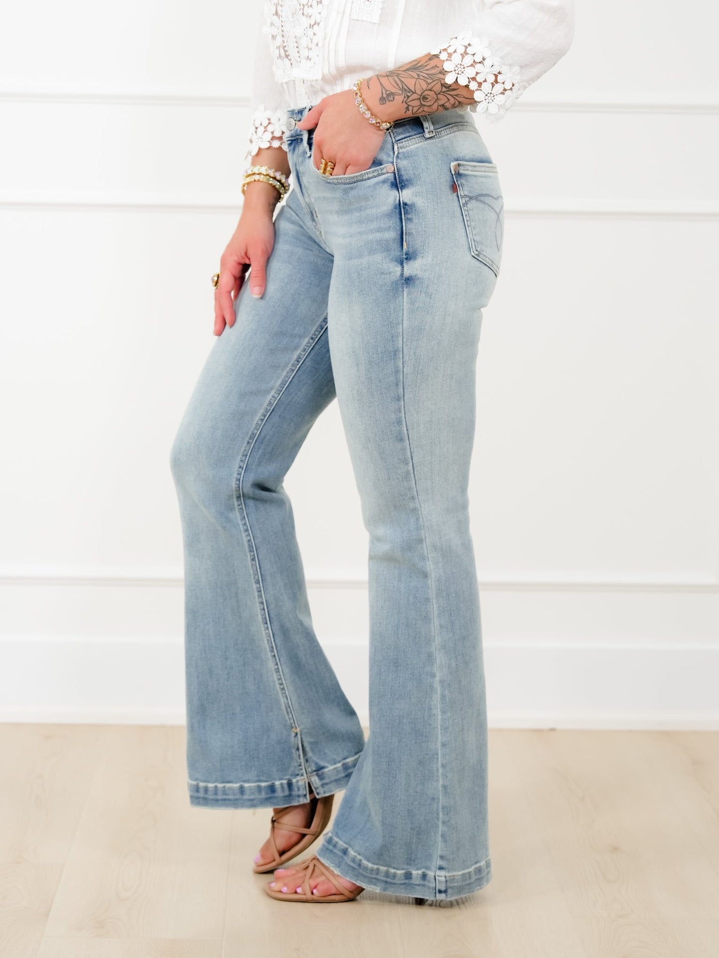 Judy Blue Mid Rise Medium Wash Multiple Inseam Flare Jeans with Slit