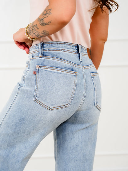 Judy Blue Mid Rise Light Wash Wide Leg Ankle Jeans with Frayed Hem
