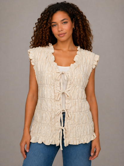 Easel Embroidered Checkered Pattern Smocked Top in Natural