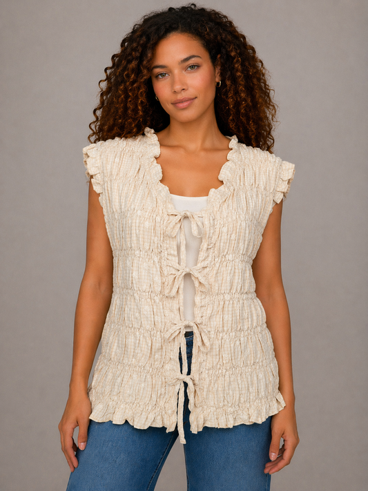 Easel Embroidered Checkered Pattern Smocked Top in Natural