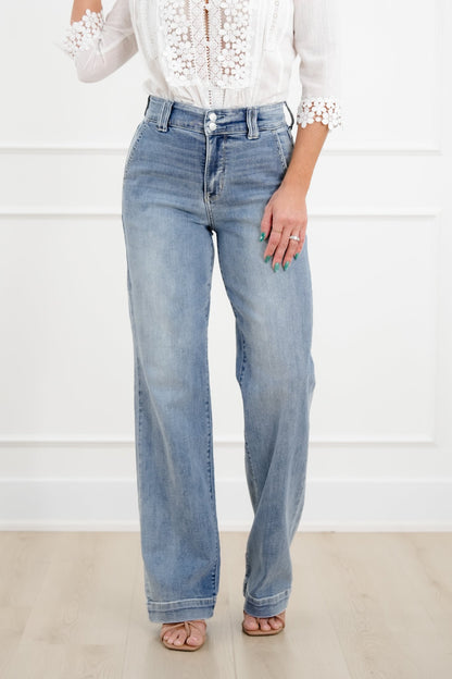 Judy Blue The Destiny High Rise Light Wash Multiple Inseam Wide Leg Trouser Jeans