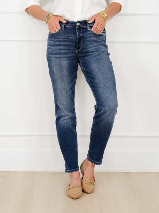 Restock! Judy Blue My Favorite Boyfriend Mid-Rise Dark Wash Non Distressed Cuffed Boyfriend Jeans