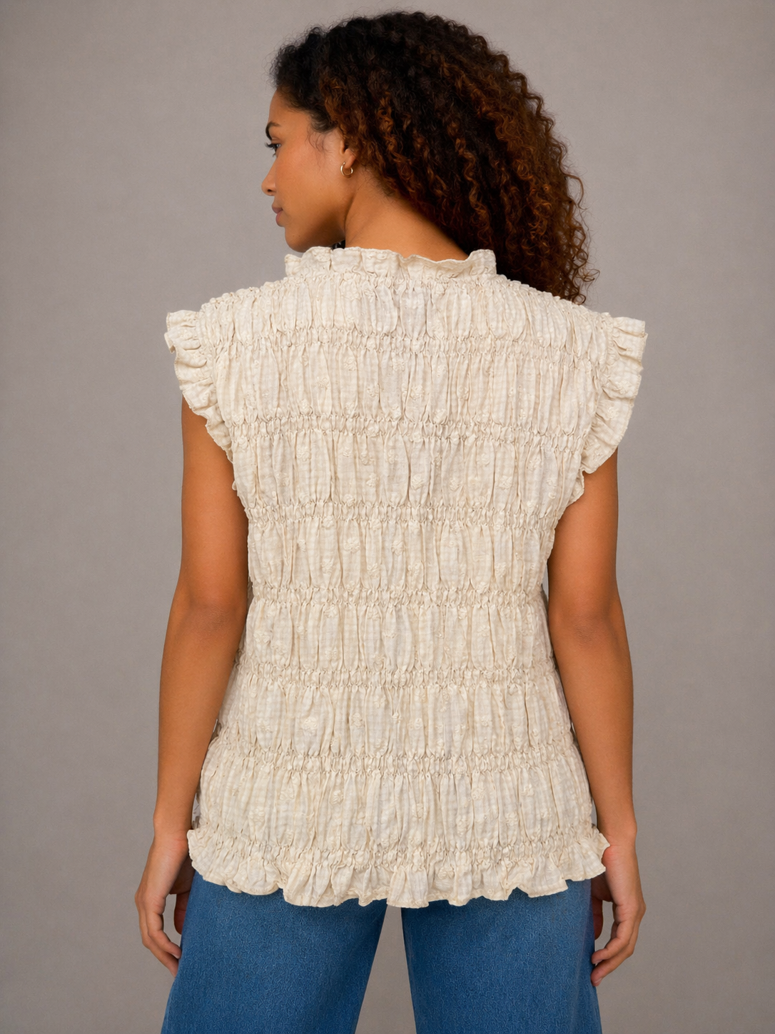 Easel Embroidered Checkered Pattern Smocked Top in Natural