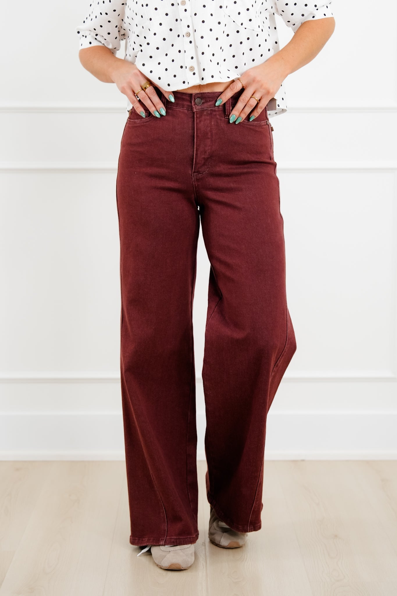 Judy Blue High Rise Burgundy Retro Wide Leg Jeans with Twisted Seams