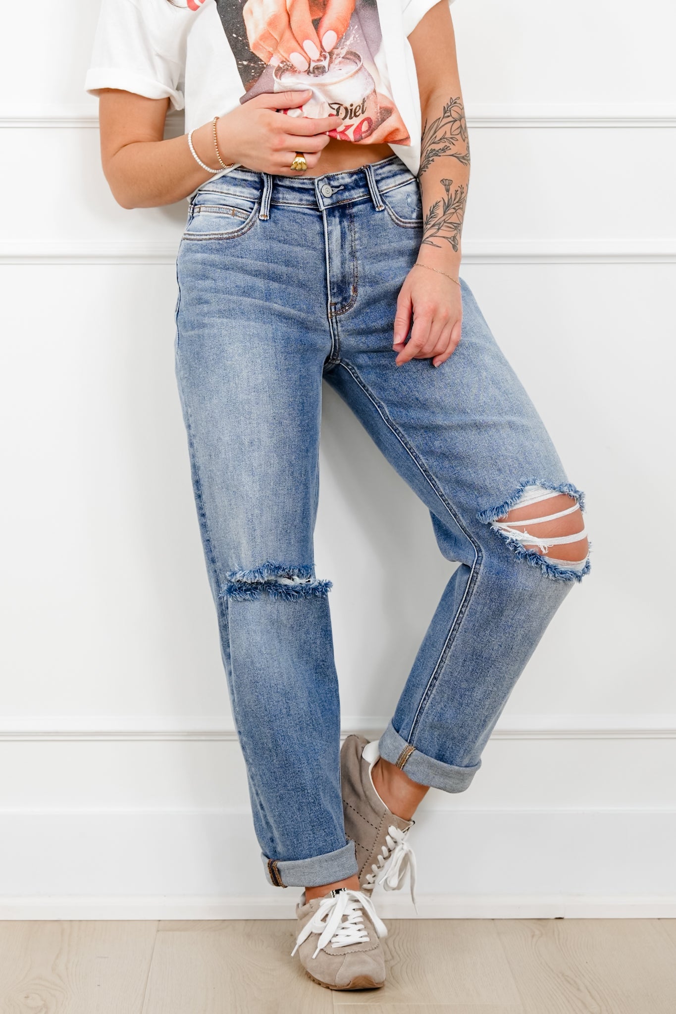 Judy Blue Mid Rise Medium Wash Distressed Boyfriend Jeans with Cuff
