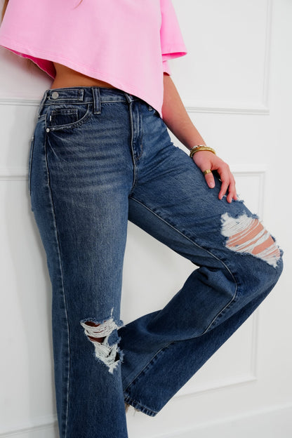 Judy Blue High Rise Medium Wash Rigid Magic Distressed Straight Leg Jeans with Adjustable Waist Band Tabs