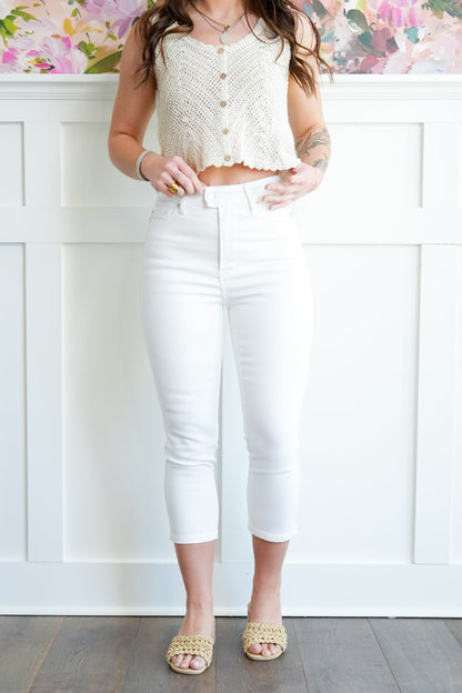 Judy Blue High Rise White Tummy Control Capri with Extended Waistband