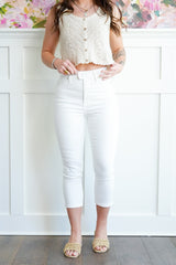 Judy Blue High Rise White Tummy Control Capri with Extended Waistband