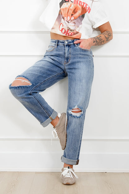 Judy Blue Mid Rise Medium Wash Distressed Boyfriend Jeans with Cuff