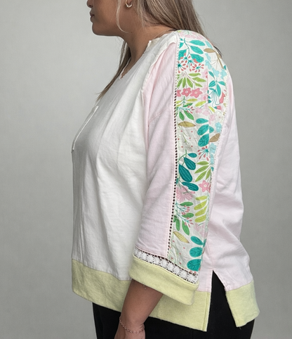 Easel Color Block Soft Washed Terry Knit Top in Vanilla Rose