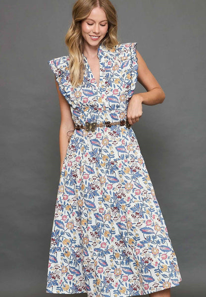 Umgee Floral Garden Print Tiered Maxi Dress in Off White Mix