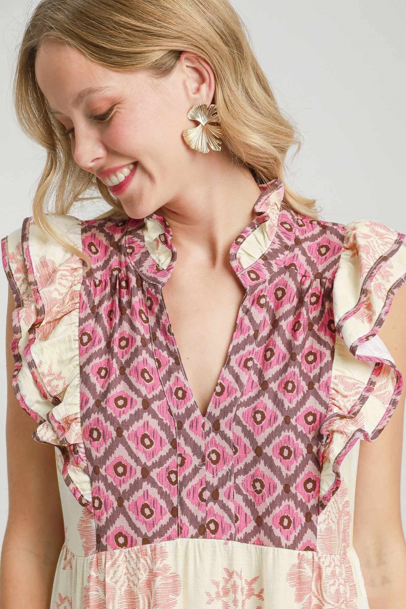 Umgee Mixed Print Midi Dress with Contrasting Binding in Blush Mix