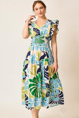 Umgee Vibrant Floral Print Midi Dress in Green/Blue