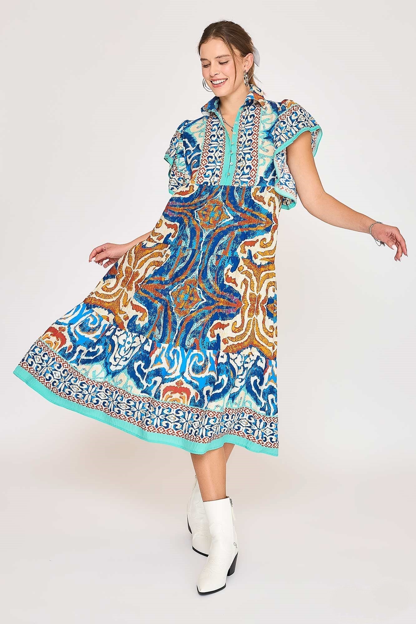 Umgee Boarder Print Midi Dress in Blue Mix
