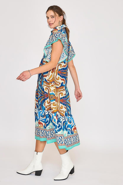 Umgee Boarder Print Midi Dress in Blue Mix