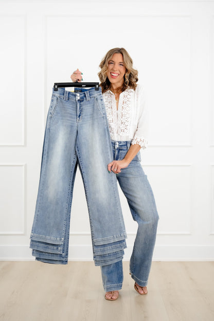 Judy Blue The Destiny High Rise Light Wash Multiple Inseam Wide Leg Trouser Jeans